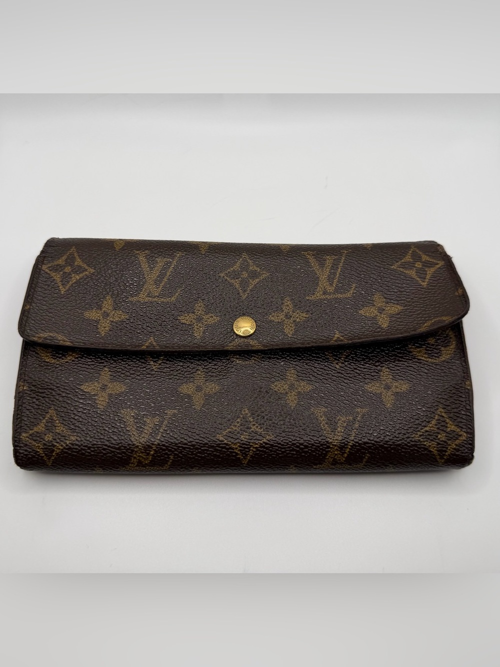 Louis Vuitton Sarah Wallet Monogram Canvas Flap Wallet in Brown and Gold
